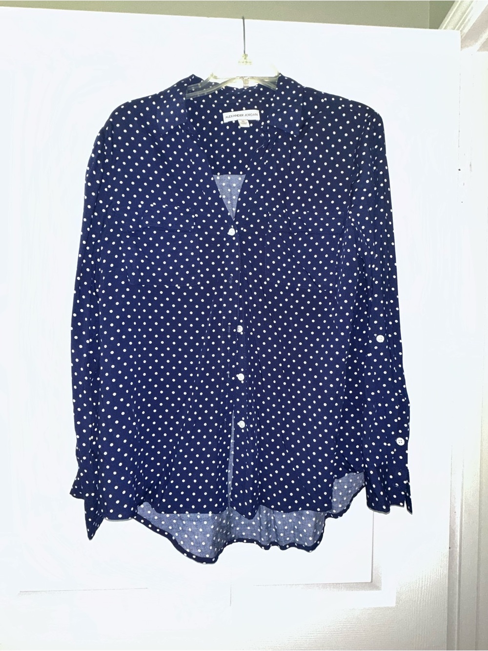 Navy Polka Dot Button-Up Blouse